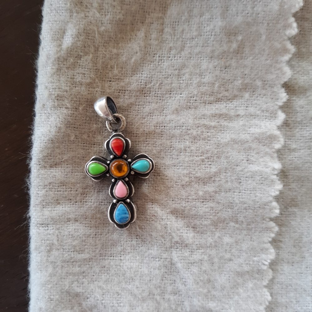 Sterling silver cross necklace multi colored